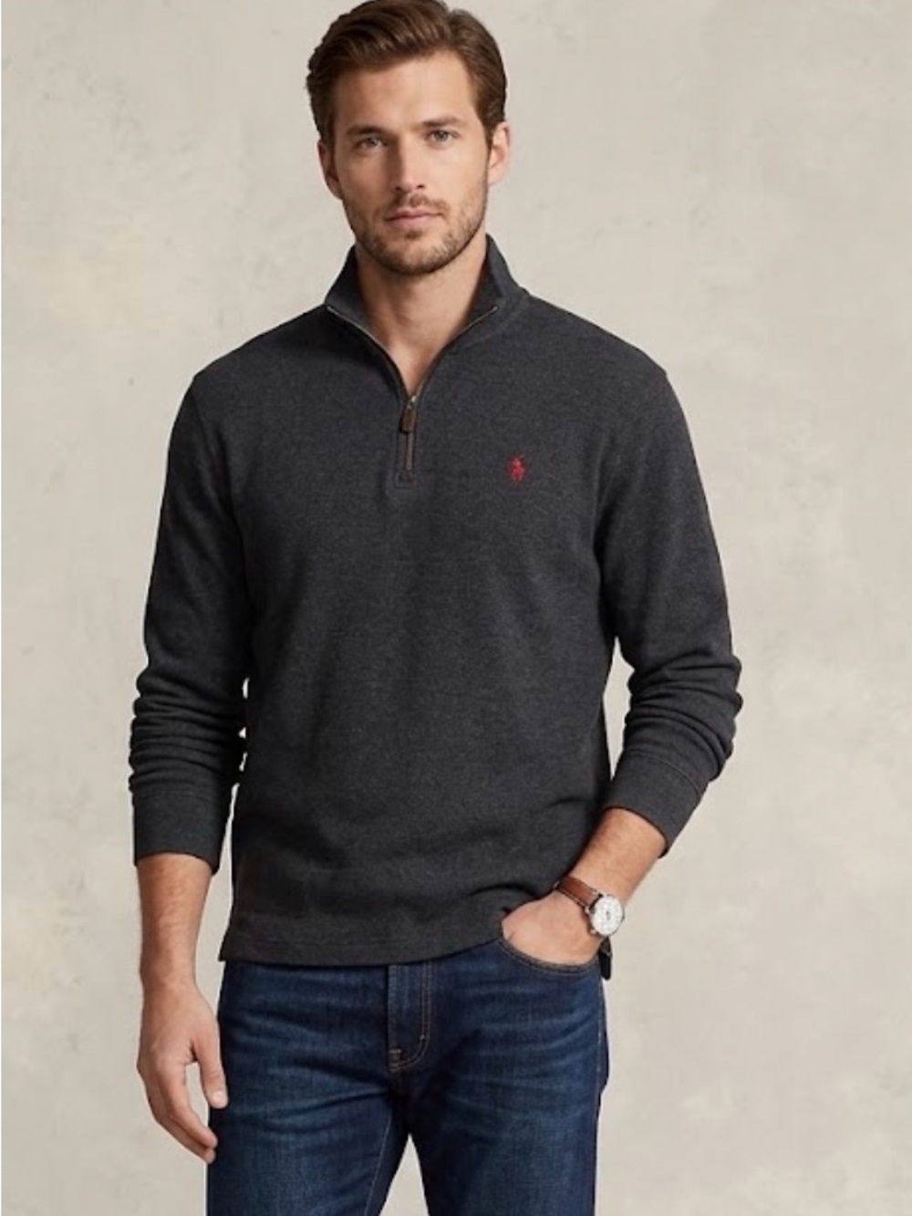Ralph Lauren Charcoal Quarter-Zip Sweater with Red Logo A48